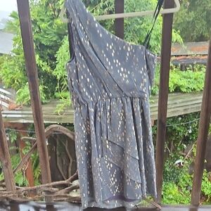 BCBGeneration Asymmetrical Dress in Gray with Gold Accents